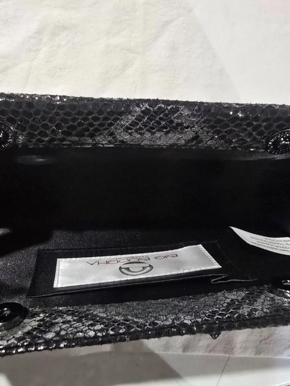 Big Buddha Santa Barbara Black Sequin Faux Snakeskin Evening Clutch Chain Strap